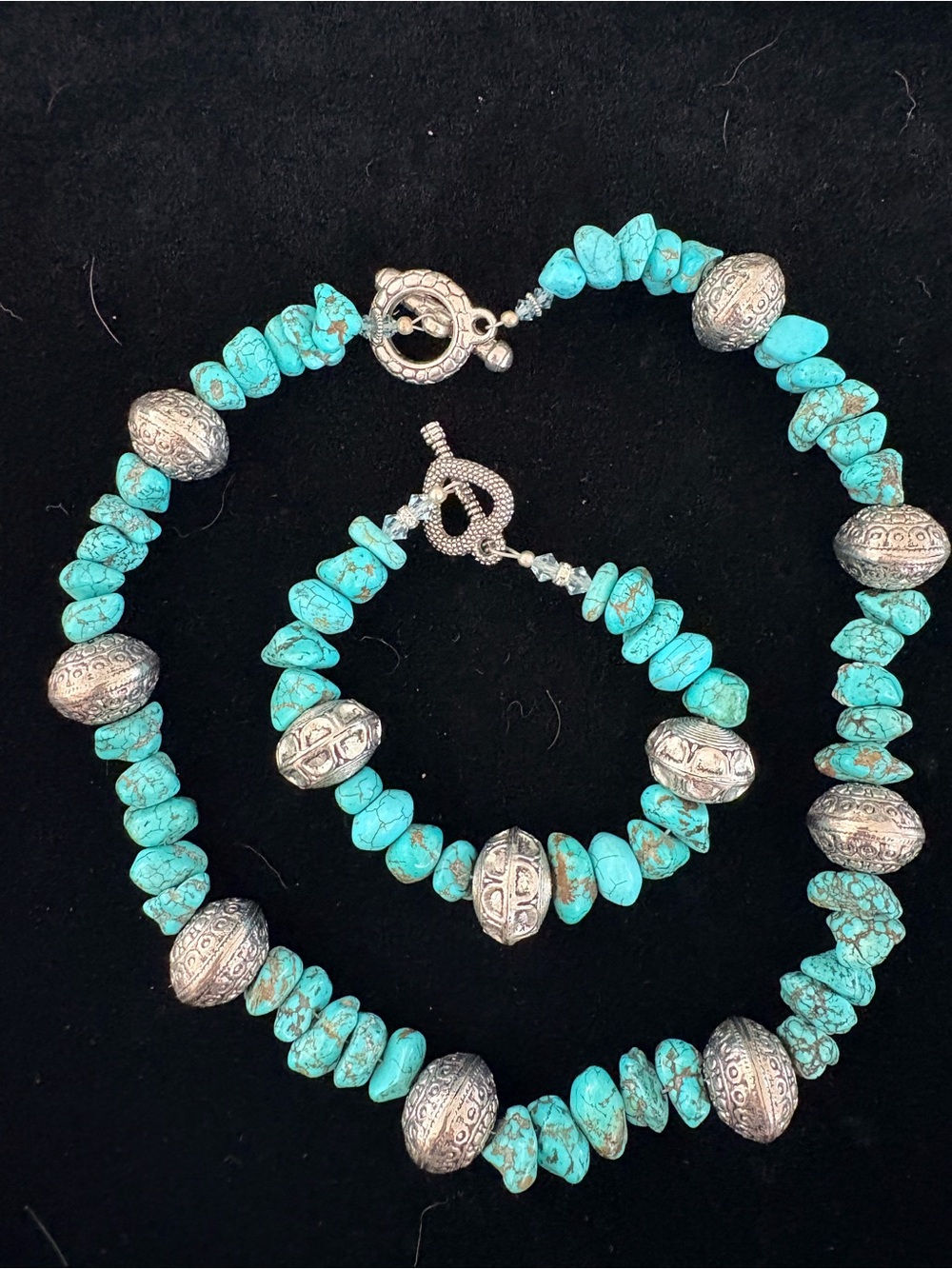 Turquoise Chip Necklace and Bracelet Set with Silver Accent Beads